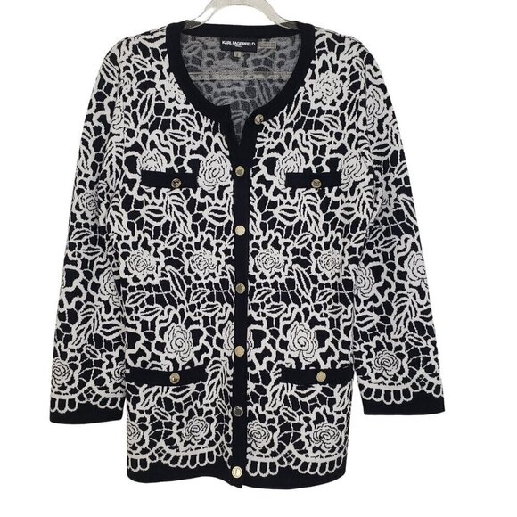 Karl Lagerfeld Floral Cardigan 3/4 Sleeves Knit Sweater Womens Size Medium - Picture 1 of 13